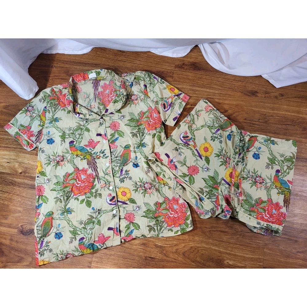 Handprint Size XL Green Floral Bird 2 Piece Short Pajama Set